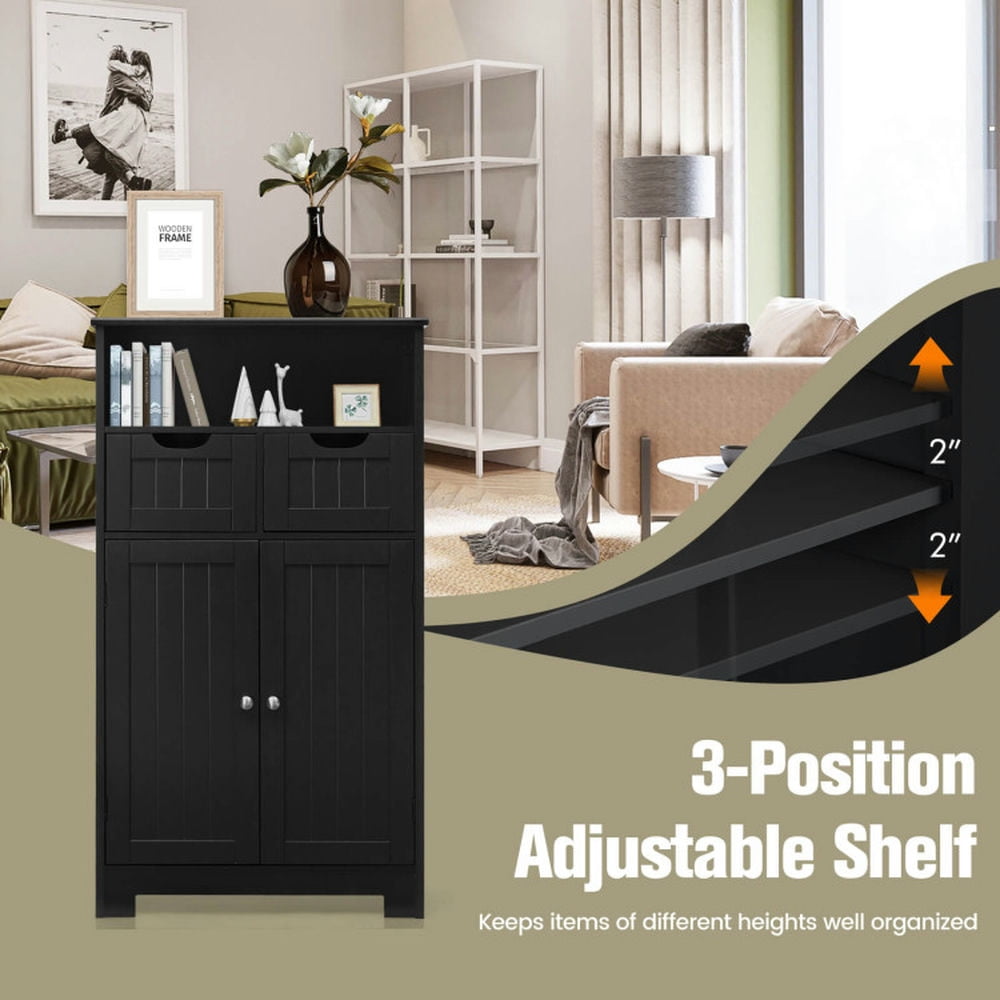 Finihen Bathroom Storage Cabinet, Bathroom Floor Cabinet, Bathroom Wooden Side Cabinet with 2 Drawers and 2 Doors, for Bathroom, Living Room, Bedroom, Kitchen, Black Finihen Bathroom Storage Cabinet, Bathroom Floor Cabinet, Bathroom Wooden Side Cabinet with 2 Drawers and 2 Doors, for Bathroom, Living Room, Bedroom, Kitchen, Black
