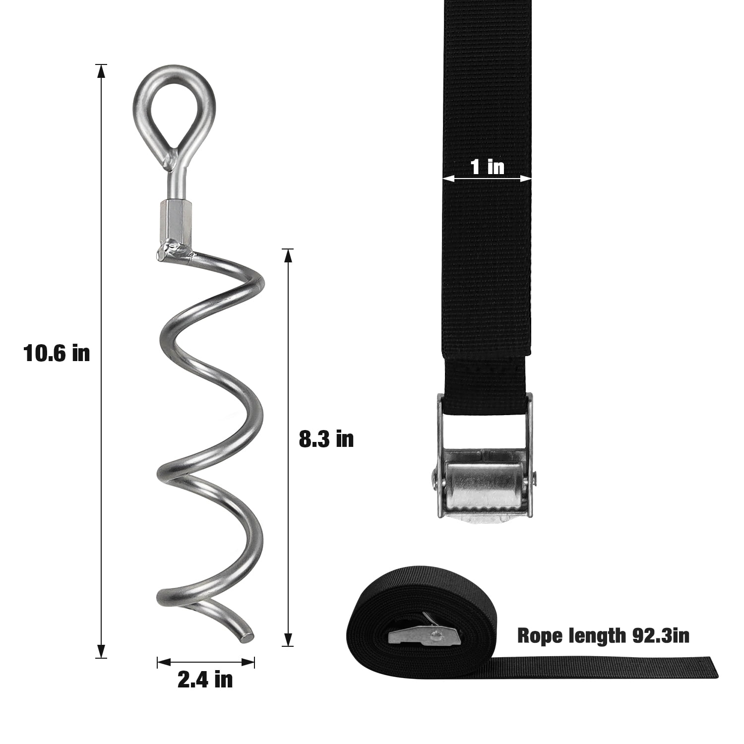 Urban Deco 10.6 Inch Spiral Ground Anchors with T-Hook Silver Spiral Stake Outdoor Heavy Duty Camping Stakes Spiraling Anchor Ground Anchors with 4 Strong Belts for Tent, Trampolines, Sheds, Swings