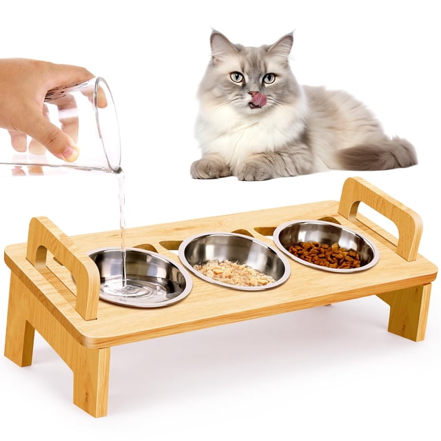 Cuenco de comida para gatos Woodever Elevated 3 de acero inoxidable con soporte