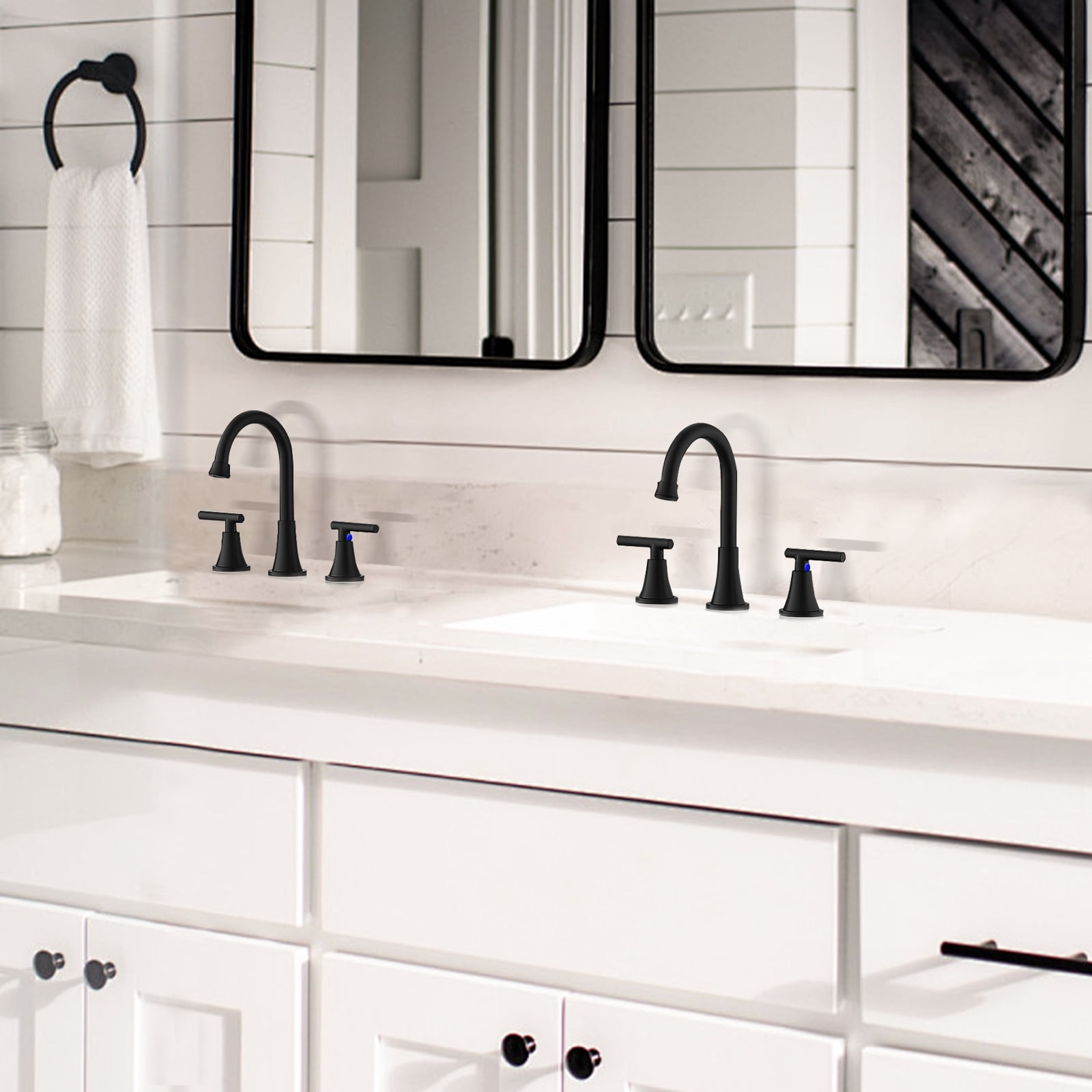 KINGTACK Bathroom Faucet for Sink 3 Hole, Matte Black Bathroom Faucets with Pop-up Drain and Supply Lines, 2 Pack