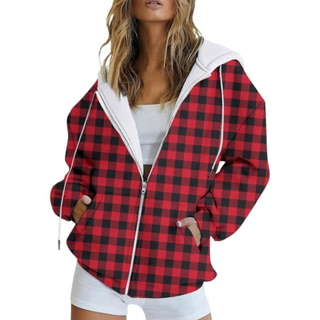 Baqcunre Womens Sweatshirt Striped Gradient Plaid Printed Pocket Long Sleeve Jacket Zipper Hooded Sweatshirt Womens Long Sleeve Tops Womens Hoodies Zip Up Hoodie Women Red XS-6XL
