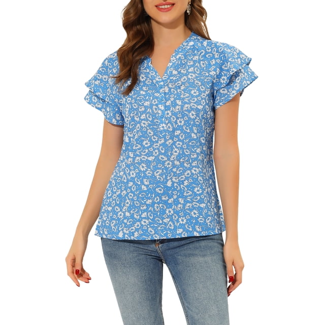 INSPIRE CHIC Hauts Floraux pour Femmes Col en V à Étages Manches Courtes Chemisier Boutonné TP Bleu