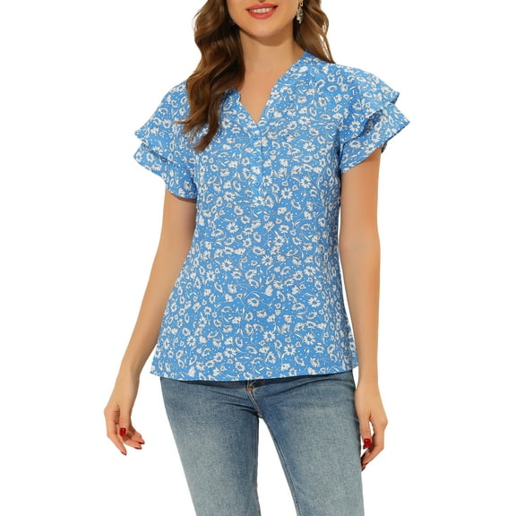 INSPIRE CHIC Women's Floral Tops V Neck Tiered Short Sleeve Button Down Blouse L Blue