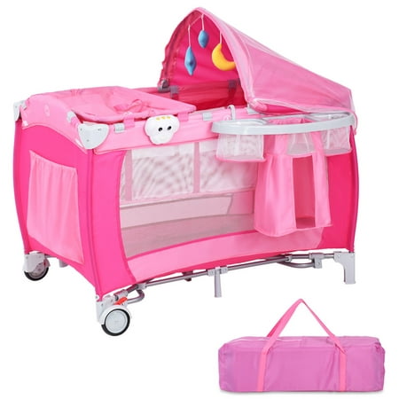 Costway Foldable Baby Crib Playpen Travel Infant Bassinet Bed Mosquito Net Music w