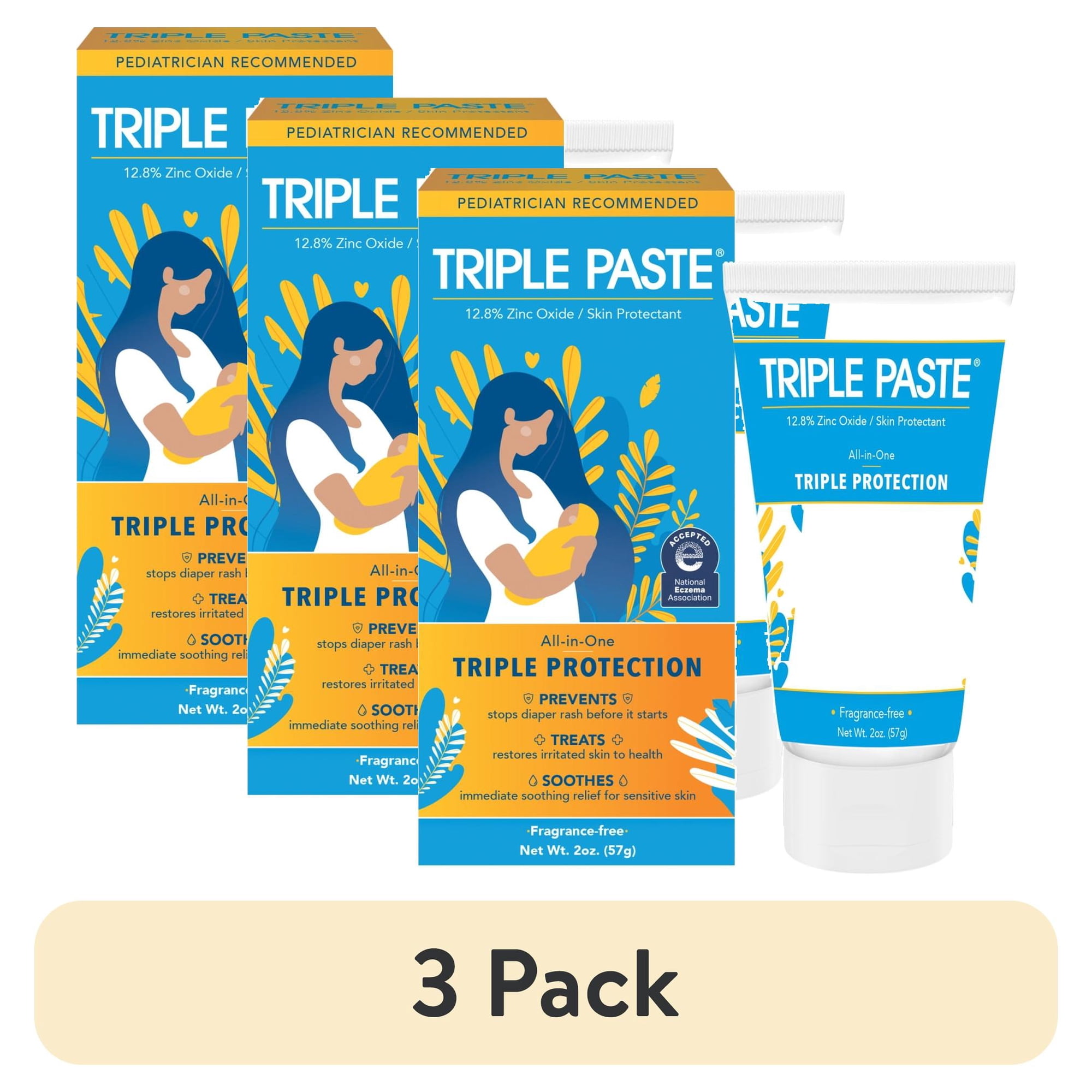 (3 pack) Triple Paste Diaper Rash Cream, Hypoallergenic Medicated Ointment for Babies, Overnight and Daily Protection, 2 oz