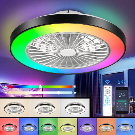 Lzawvm RGB Ceiling Fans with Lights LED Low Profile Smart APP Control Fandelier for Living Room Bedroom