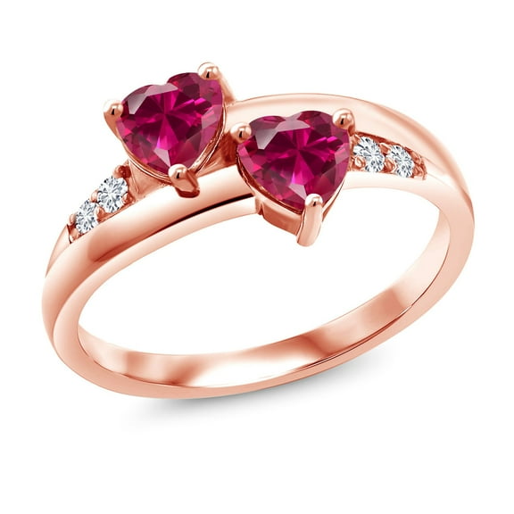 Gem Stone King 1.28 Ct Heart Shape Red Created Ruby 18K Rose Gold Plated Silver Lab Grown Diamond Ring (Size 5)