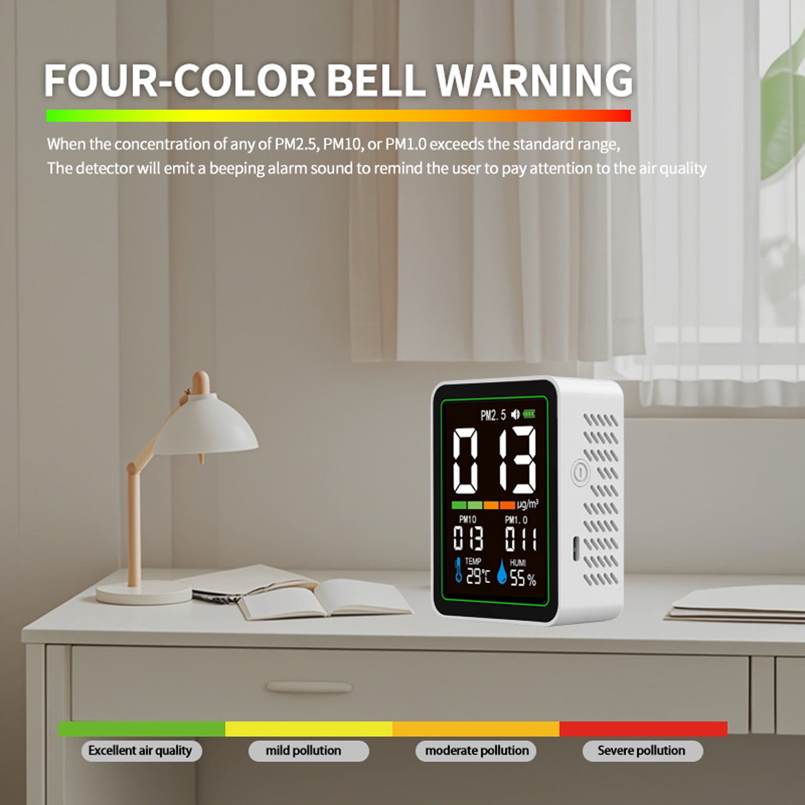 5-in-1 Indoor Air Quality Monitor with LCD Color Screen - Real-Time PM1.0 PM2.5 PM10, Temperature & Humidity Sensor, USB-C Rechargeable, Portable Design