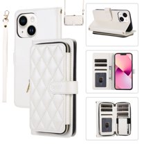 Feishell for iPhone 15 Crossbody Zipper Wallet Phone Case,for Women Men,Premium PU Leather Shockproof Magnetic Clasp Credit Card Slots Kickstand Phone Case with Shoulder & Wrist Strap,White