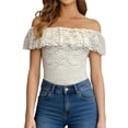 thumbnail image 2 of Rhuody Womens Tops Off Shoulder T Shirt Solid Color Lace Trim Peplum Hem Fitted T Shirt Short Sleeve Blouse Crewneck Tee Casual Clothing White M, 2 of 6