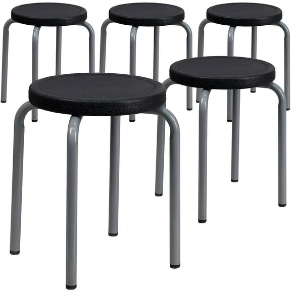 Stackable Stool with Black Seat and Silver Powder Coated Frame,PK5 5-YK01B-GG