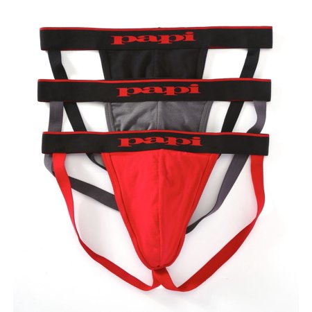 papi Men's Cotton Stretch Jock Strap 3-Pack of Underwear, Red/Grey/Black, Medium