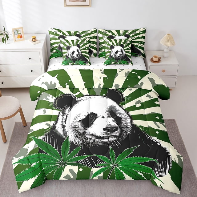 Ensemble de Literie Panda Complet 7 Pcs, Ensemble de Couette Feuille Réversible Design Botanique Faune Adorable, Ultra Doux et Respirant avec Couette, Draps, Taies d'Oreiller et Housses de Coussin