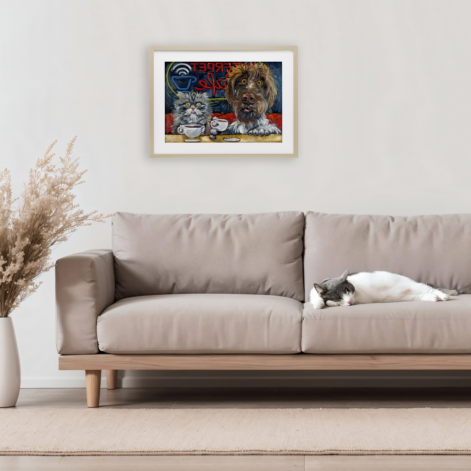 Stupell Industries Pets Wired At The Cafe Birch Framed Print Under Glass, design by CR Townsend