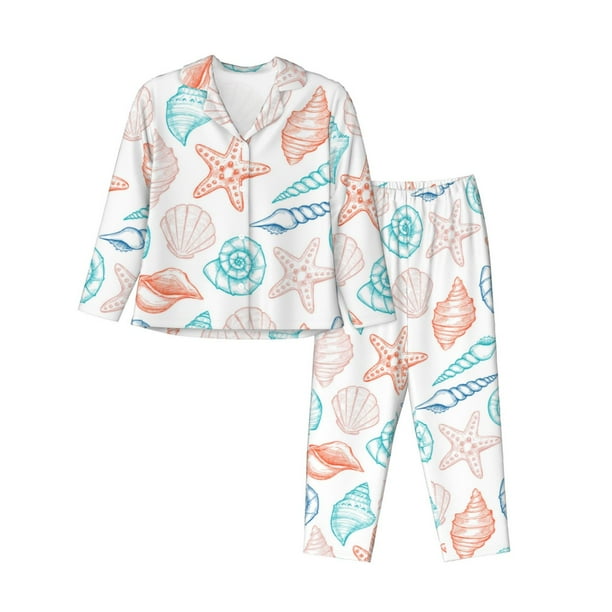 Fotbe Colorful Seashells1 Conjunto de Pijama de Manga Larga para Mujer con Estampado, Ropa de Dormir de 2 Piezas, Conjunto de Casa Suave y Cómodo con Bolsillos-Large