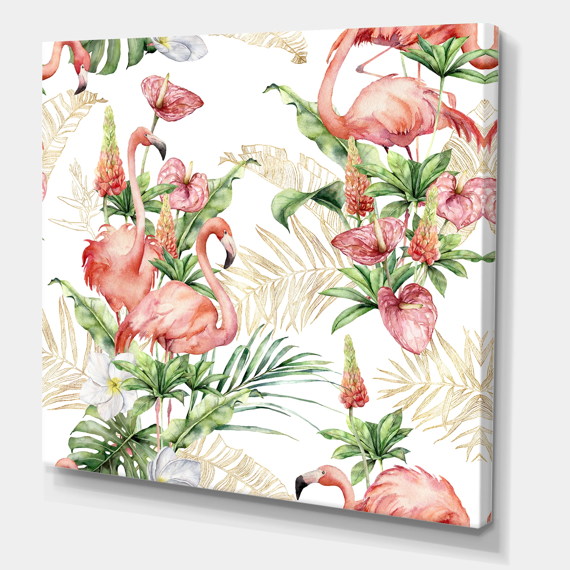 Designart ' Tropical Flowers & Gold Leaves With Pink Flamingos ' Traditional Canvas Wall Art Print