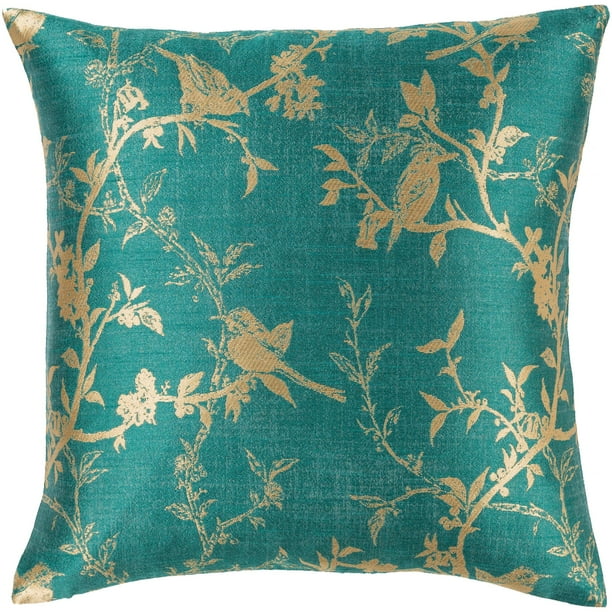 18" Teal and Metallic Gold Gold Colored Bird Printed Woven Square Throw Pillow Polyester