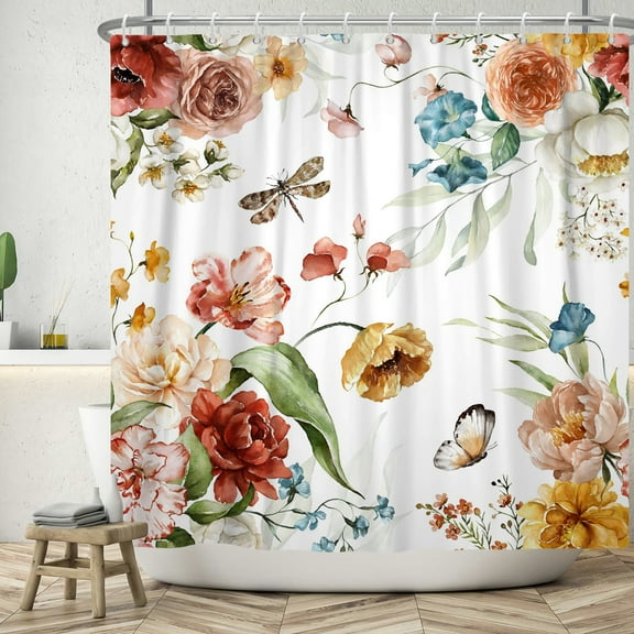 Spring Floral Shower Curtain,Flowers Waterproof Fabric Bathroom Curtain,Colorful Bath Curtain with Hooks,72x72 in
