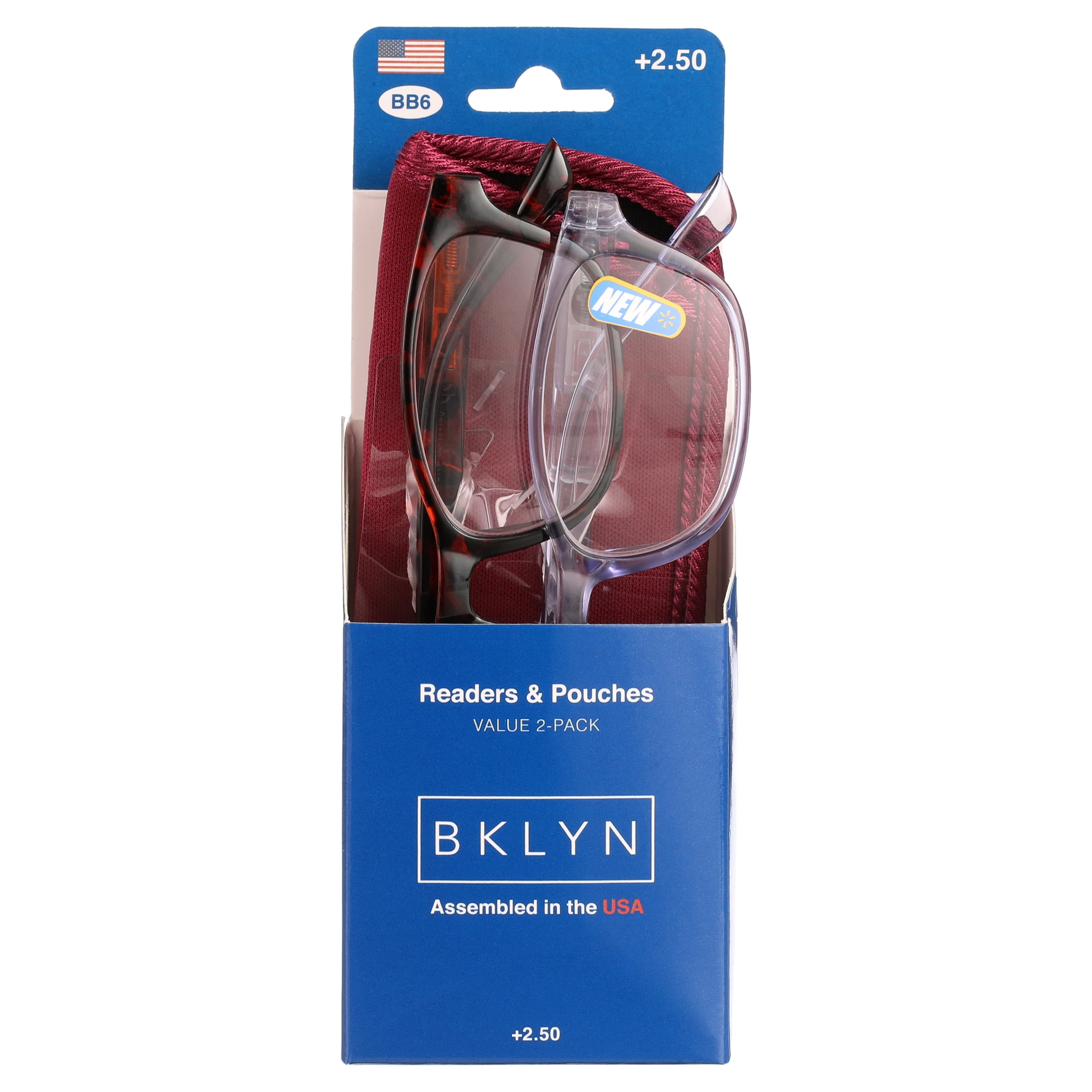 Bklyn, Albee +2.50, Adult, Womens, Plastic Reading Glasses & Pouches Value Pack , 2 Ea