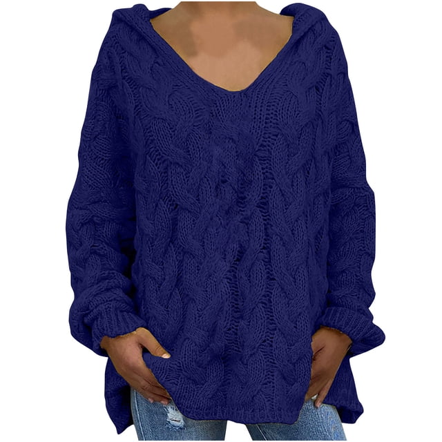Rbaofujie Chandails à Col Rond pour Femmes Mode Ample Grande Taille Couleur Capuche Manches Longues Chandail Hauts Bleu Foncé Hauts et Chemisiers pour Dames