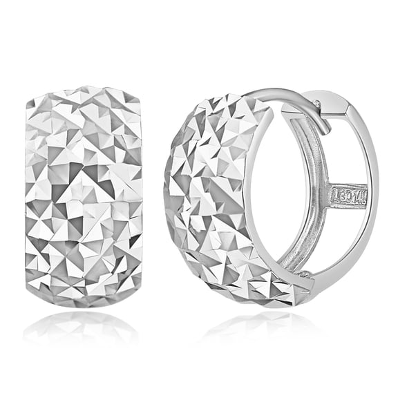 Wellingsale Ladies 14k White Gold Polished 7mm Diamond Cut Faceted Hoop Huggies Earrings (15 x 15 mm)