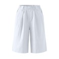 thumbnail image 3 of Gyujnb Women Summer Cotton Linen Bermuda Shorts Elastic Waist Pleated Loose Knee‑Length Shorts with Side Pockets,White, 3 of 5