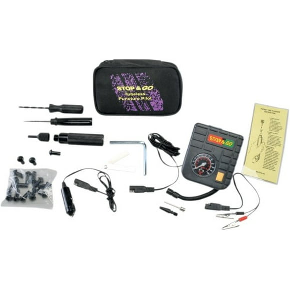 Stop & Go 24 Piece Tubeless Puncture Pilot Tire Repair Kit & Air Compressor for Flats on Motorcycle, Scooter, ATV, UTV, Golf Cart, & Mower (15 Plugs)