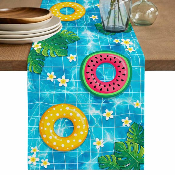Summer Swimming Pool Table Runner 90 Inches, Floral Plumeria Leaves Blue Plaid Bed Runner Dresser Scarves Tabletop for Indoor Outdoor Parties/Ceremony/Banquet, 13" x 90"