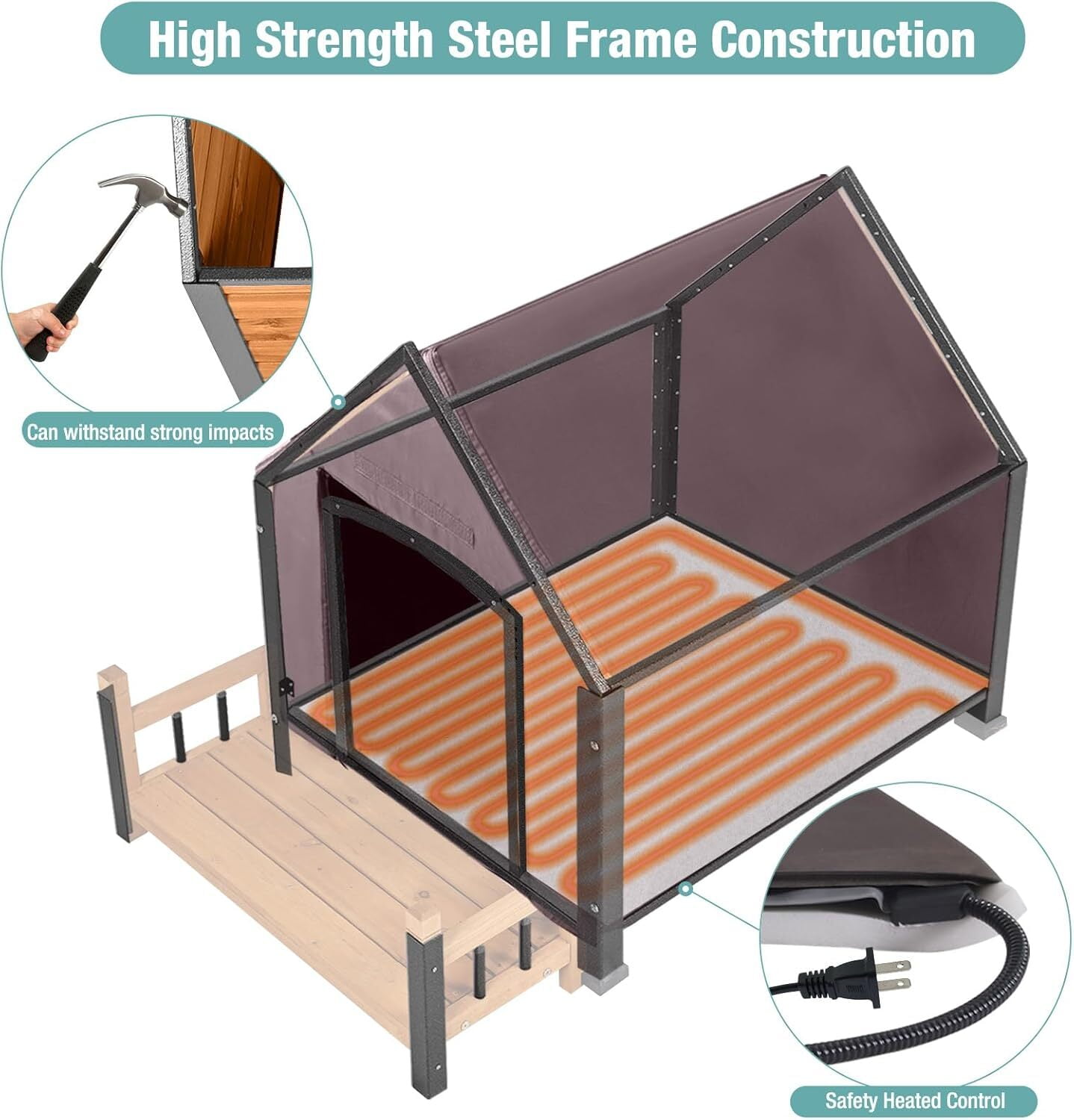 MEDEHOO Insulated Dog House with Heating Pad, Weatherproof Outdoor Kennel for Large Dogs, Chew-Resistant Iron Frame & Asphalt Roof XLarge