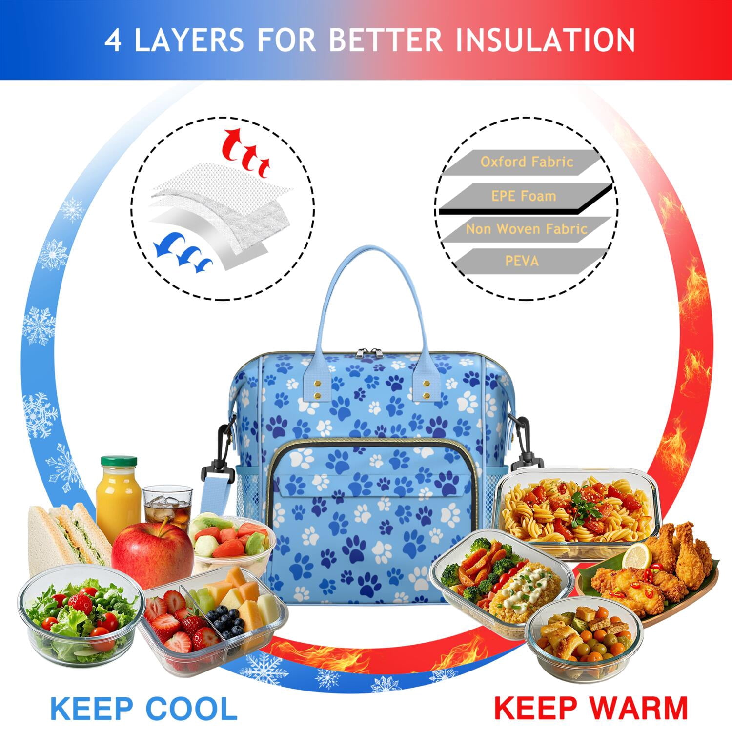 Cute Dog Paw Print Lunch Box, Large Insulated Lunch Tote with Puppy and Bone Patterns, Leakproof Cooler for Work, School or Outdoor Use