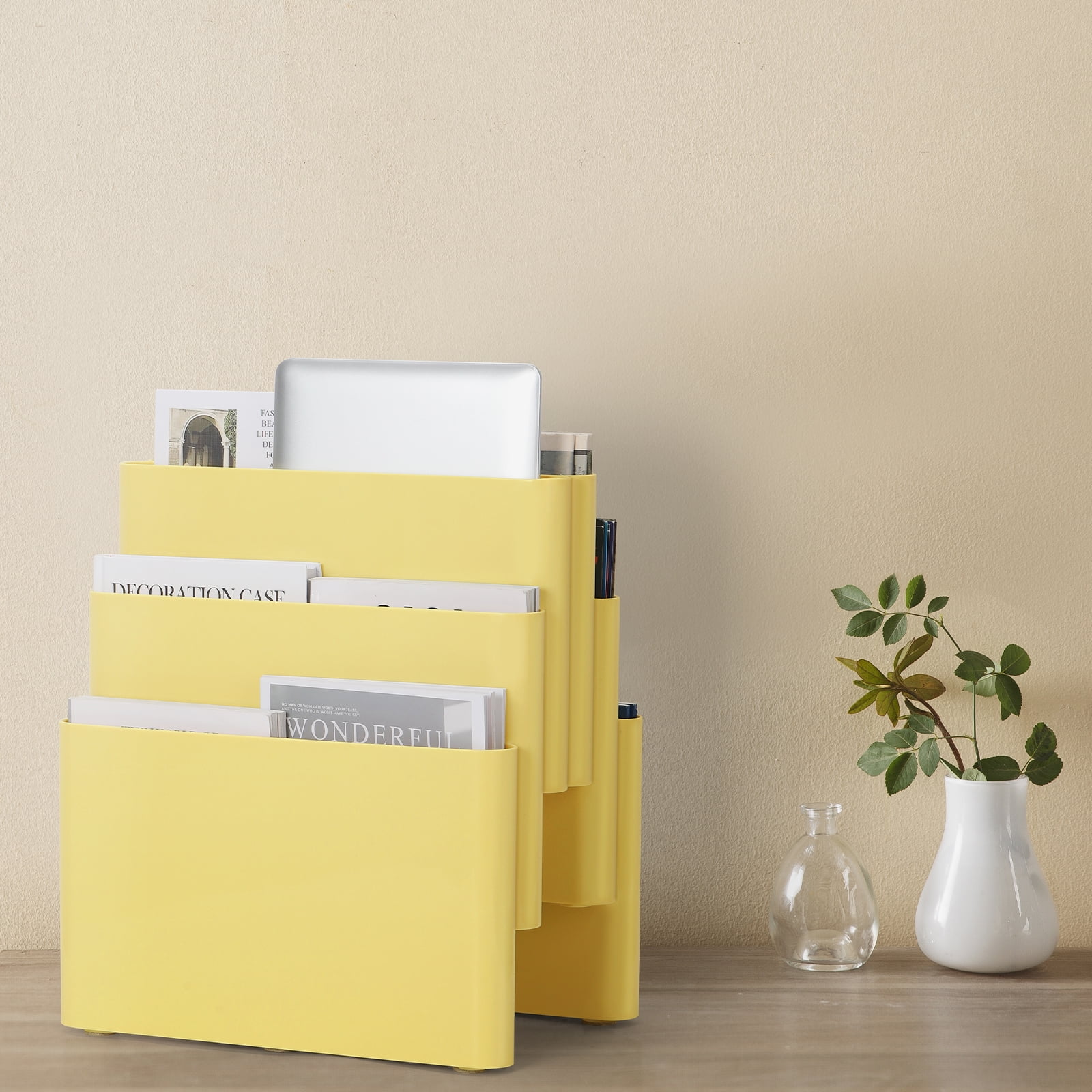 Freestanding Six Pocket Plastic Magazine Rack File Holder, Yellow