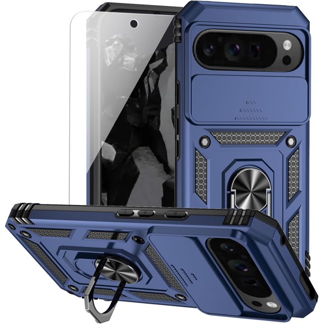 HCTian for Google Pixel 9 Pro XL Case with Camera Lens Cover HD Screen Protector, Dual Layer Military-Grade Drop Tested Magnetic Ring Holder Kickstand Protective Phone Case for Pixel 9 Pro XL