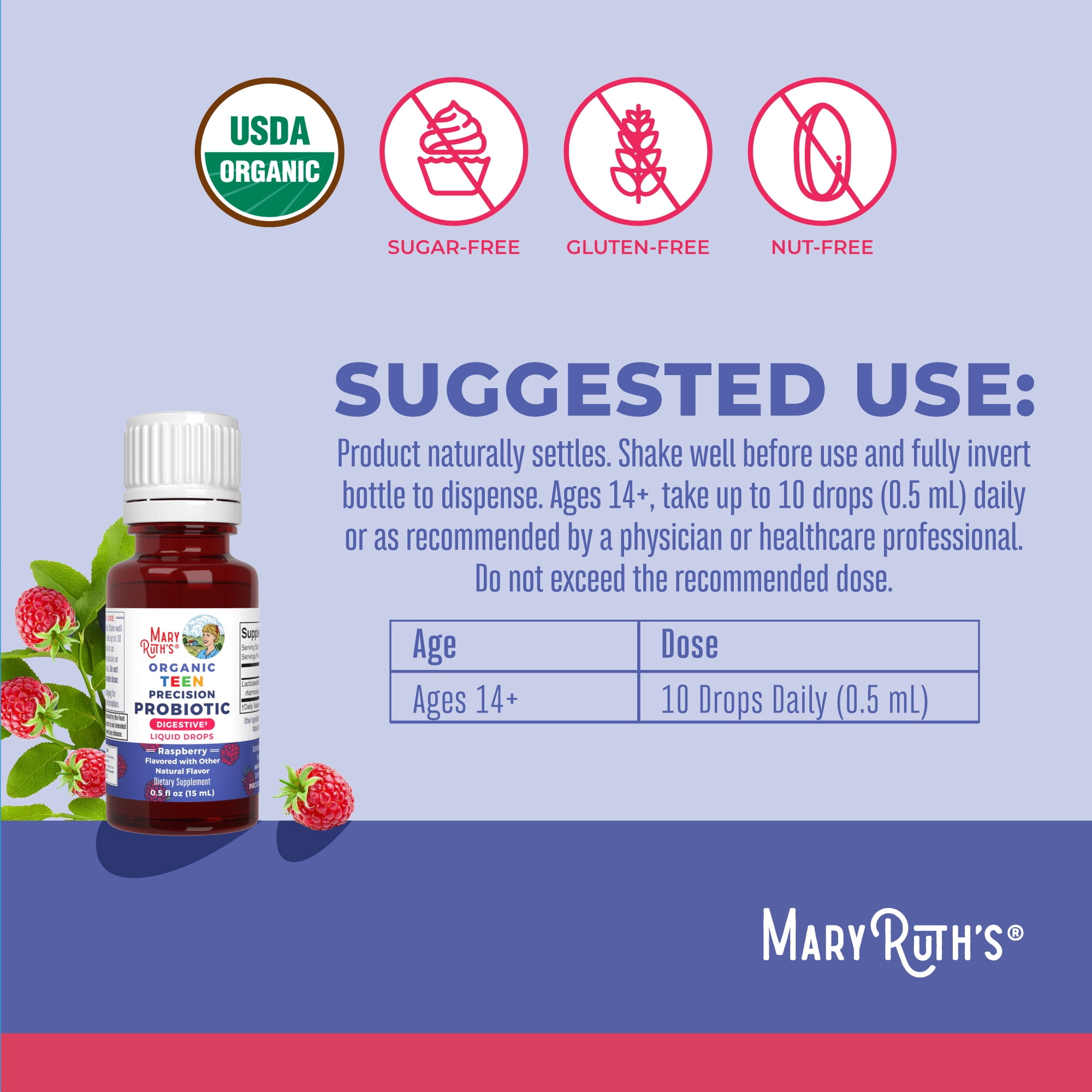 MaryRuth's Precision Probiotic Digestion Drops for Teens, Ages 14+, Raspberry, Organic, Vegan, Gluten-Free, Unisex, 0.5 fl oz