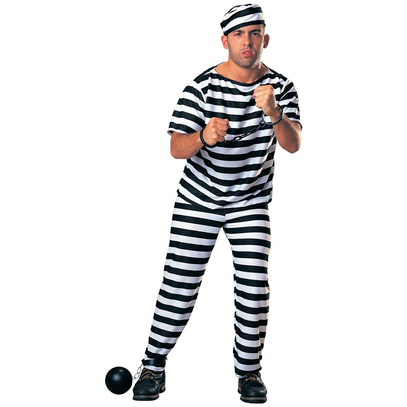 ADULTS PRISONER COSTUME BLACK & WHITE UNISEX HALLOWEEN STAG OUTFIT FANCY DRESS 