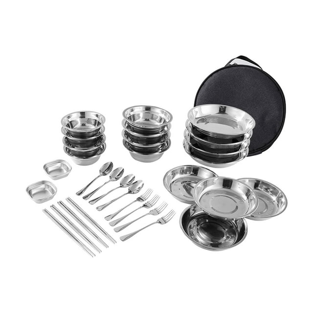 Platos y tazones de acero inoxidable, utensilios para acampar, platos con bolsa de almacenamiento, juego de comedor portátil para acampar para uso al 30 piezas shamjiam utensilios al aire libre