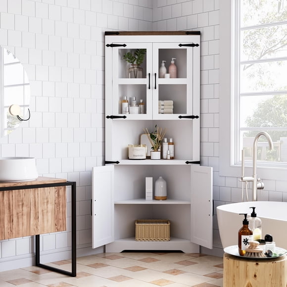 Gabinete de Esquina Alto – Estilo Granja – Puerta de Vidrio y Estantes Ajustables – Ahorra Espacio – Sala, Cocina y Baño