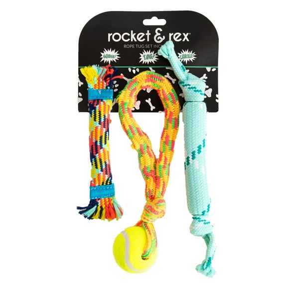 rocket & rex Dog Rope Tug Set for Small to Medium Breeds, Includes Ropes with a Tennis Ball, Natural Rubber Lining & Crackle Lining, Reduces Destructive Chewing & Anxiety (Pack of 3)