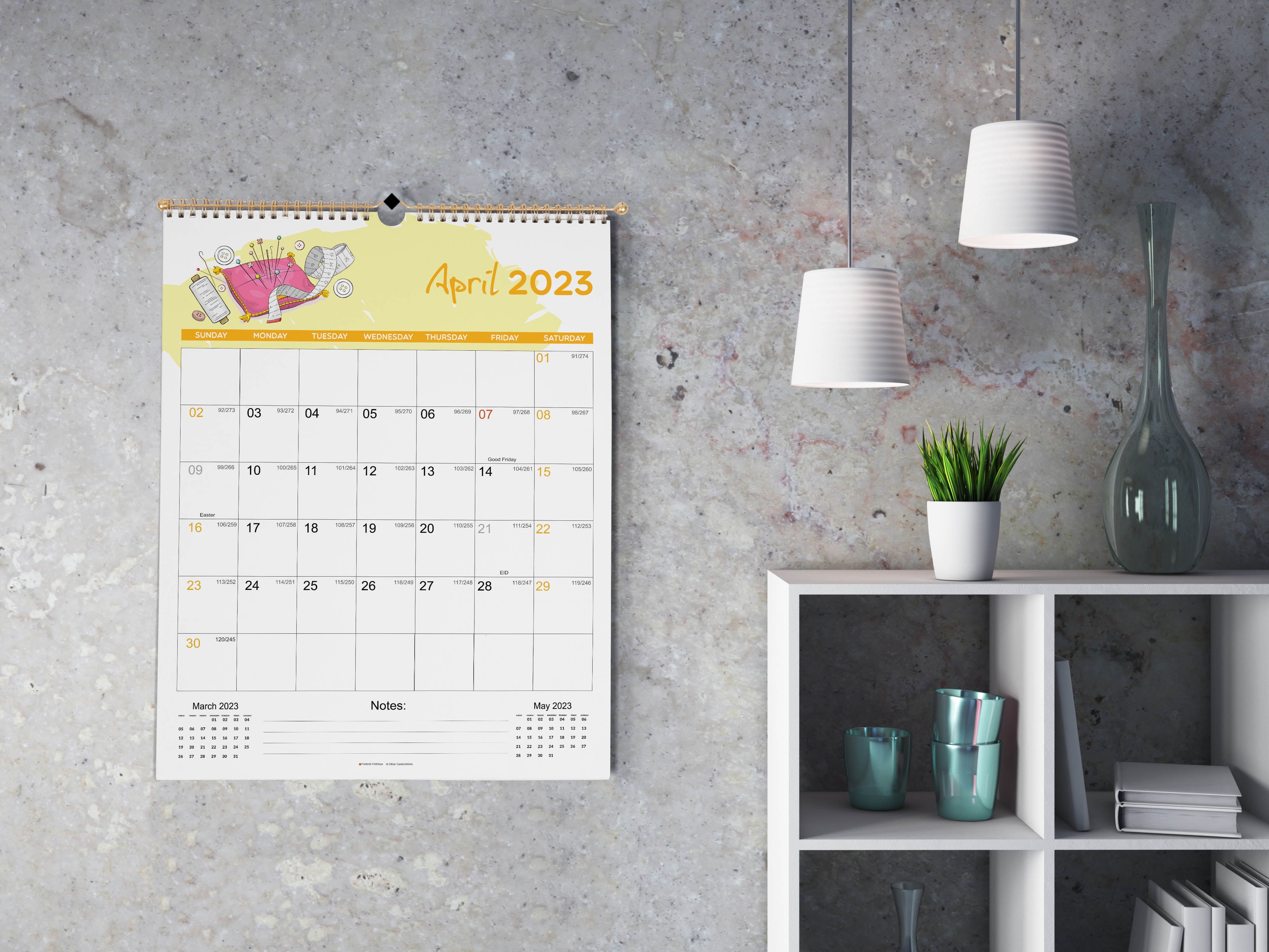 Inkdotpot16"x12.5"WallCalendar- Runs until December 2023Hanging Spiral Bound MonthlyCalendar2022-2023 for Home or Office+ Bonus Sticker Sheet -Fashion