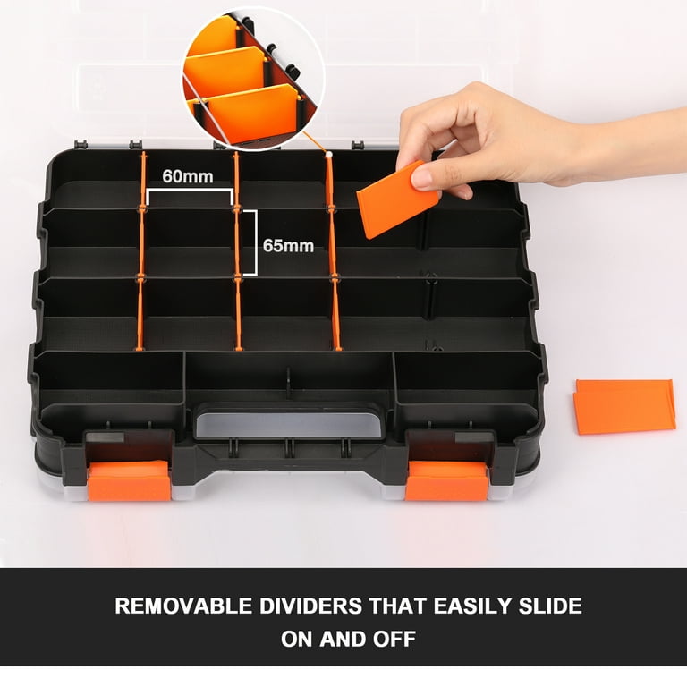 CASOMAN Double Side Tool Organizer with Impact Resistant Polymer and  Customizable Removable Plastic Dividers, Hardware Box Storage, Excellent  for Screws,Nuts,Small Parts, 34-Compartment, Black/Orange 