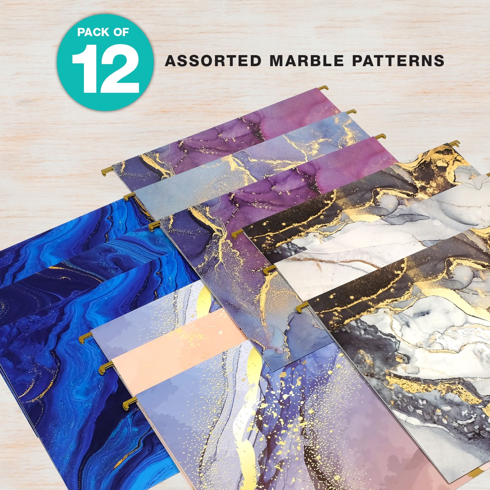 Global Printed Products Deluxe Designer Printed Hanging File Folders, 4 Patterns, Letter Size, 12/pk (Marble)