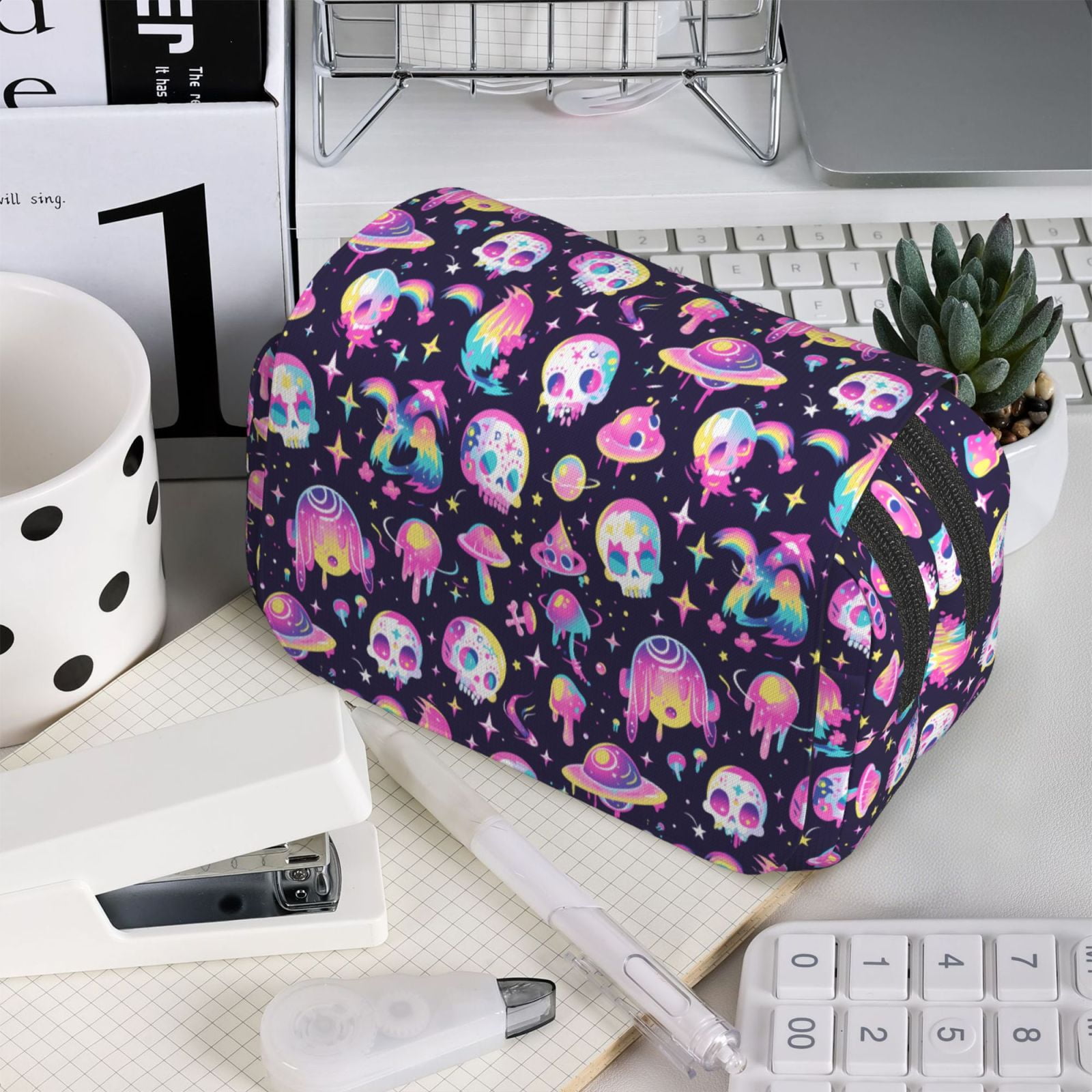 Rateoe Skull mushroom space Pattern Double Clamshell Pen Case, Storage Organizer with Two Zipper Compartments– Holds Up to 50 Pencils & Pens