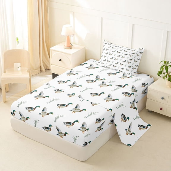 jejeloiu Mallard Duck Twin Sheet Sets,Rustic Plants Leaf Bedding For Men Women 3 Pieces