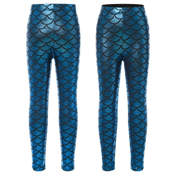 iiniim Girls Boys Mermaid Leggings Shiny Metallic Fish Scale Skinny Tights Yoga Dance Pants 2-12 Light Blue 9-10