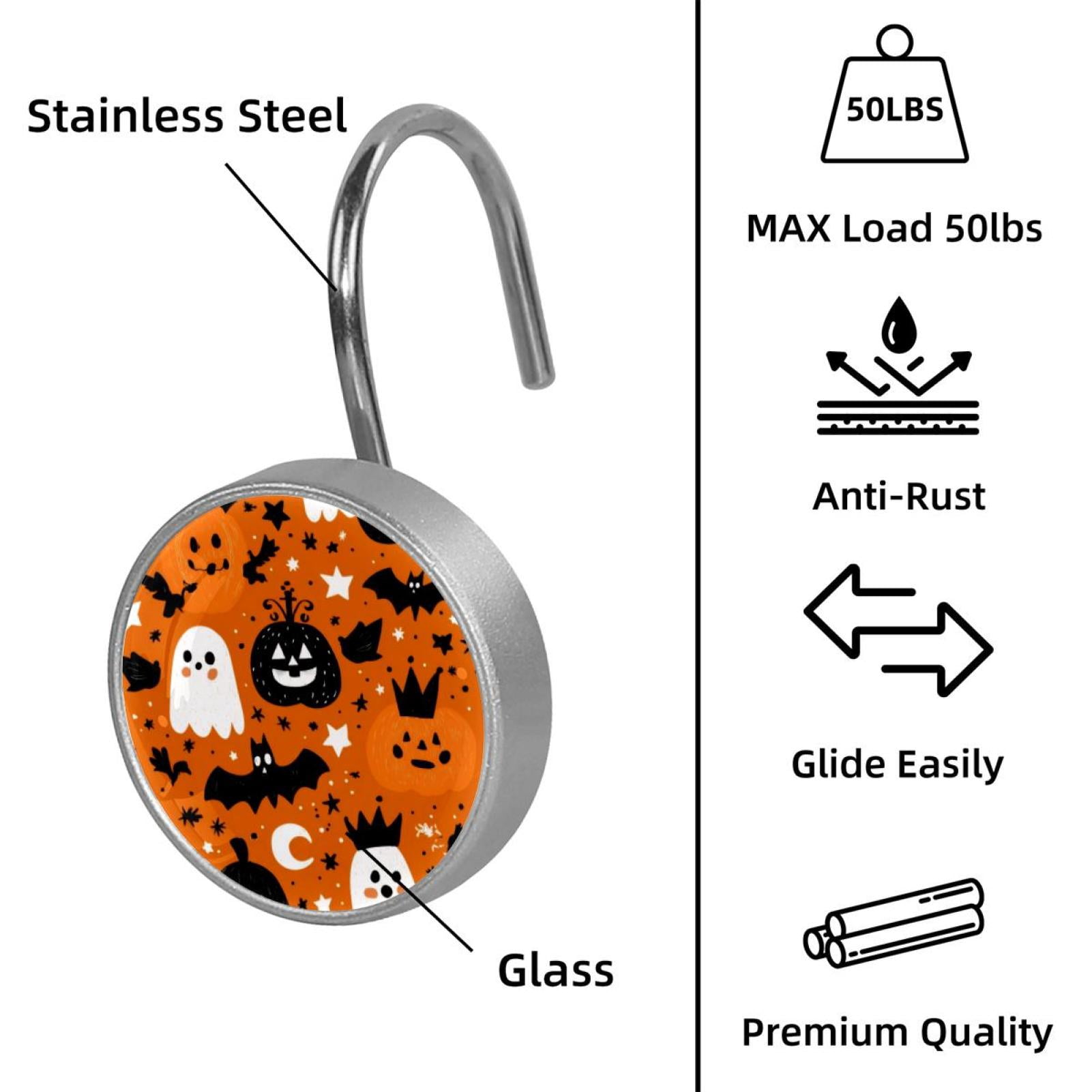 12pcs Decorative Shower Curtain Hooks, Rust Resistant Shower Rings for Bathroom Living Room,Rustproof Stainless Steel Rings for Shower Curtain and Liner Rods,Halloween Pattern Orange