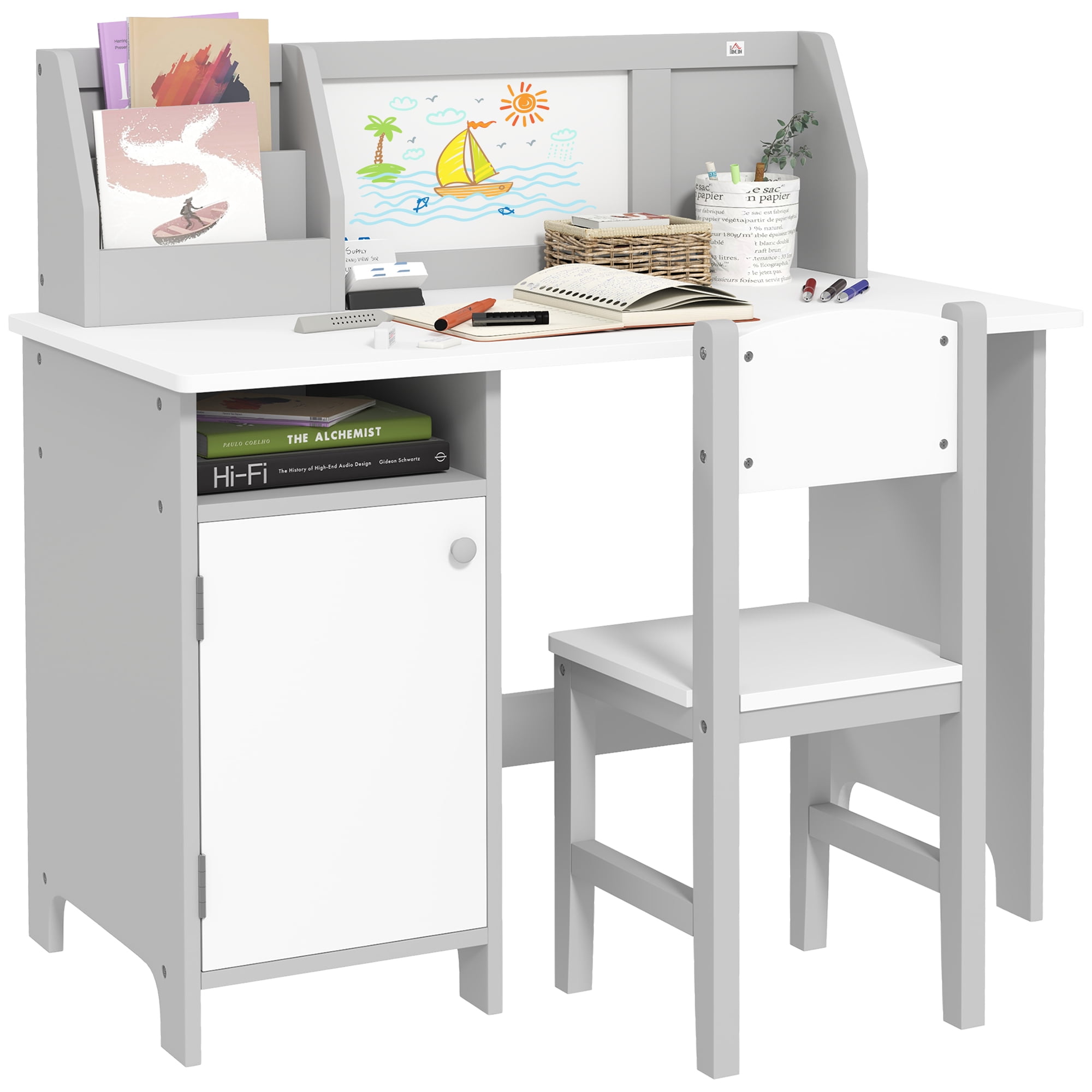 Qaba Toddler Table and Chair Set, with Whiteboard, Kids Writing Desk Homework Table, Gray
