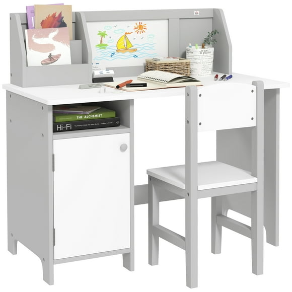 Qaba 2Pcs Kids Desk and Chair Set with Whiteboard, Storage, Shelves, Grey