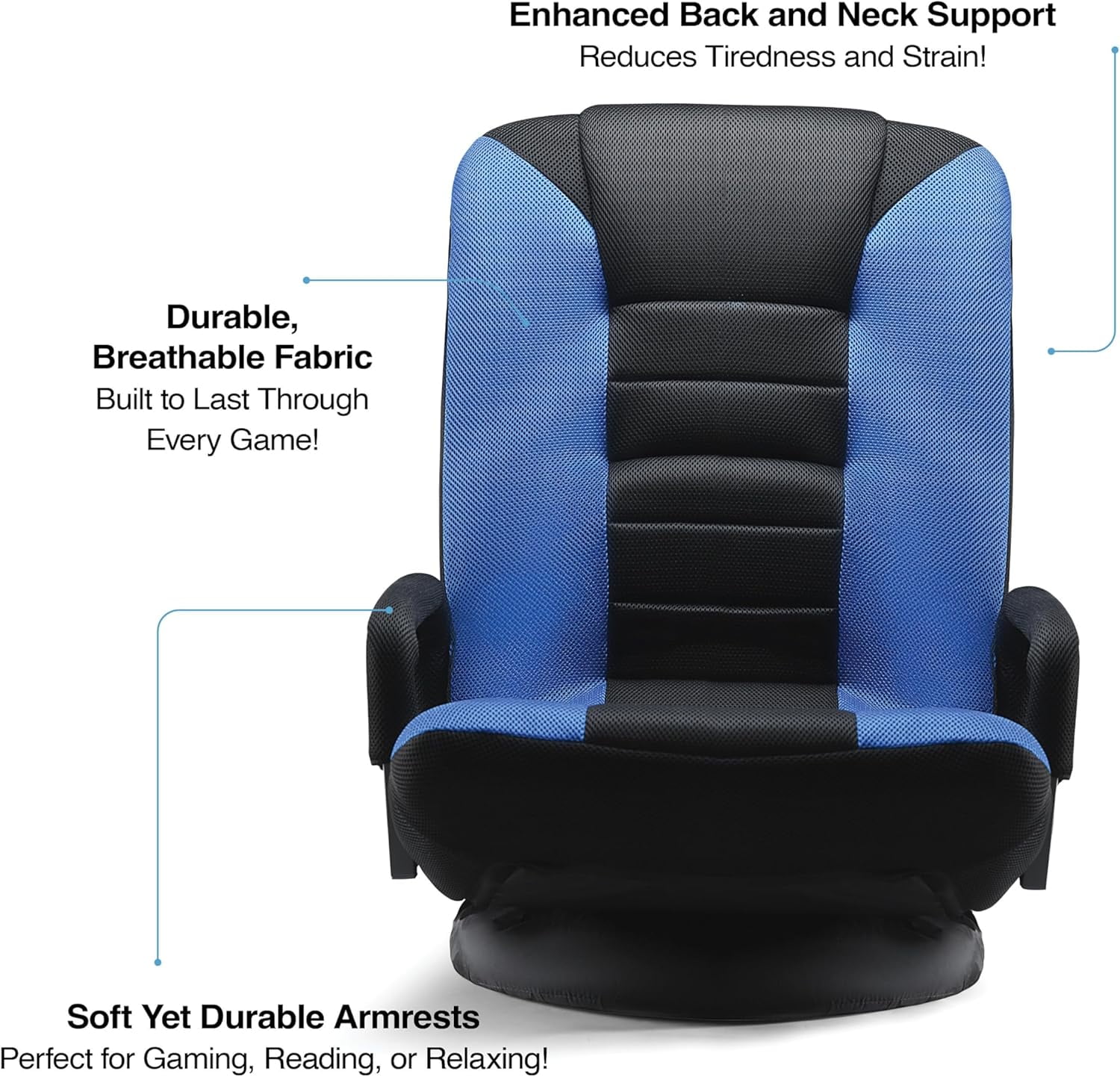 Maple99 Swivel Gaming Floor Chair - Enjoy 6 Different Positions, Adjustable Lumbar Support, Removable Polyester Cover & Arm Rests, Folds to Store, Stylish Blue with Black Center Stripe