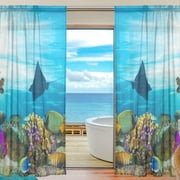 Floral Coral Reef Fishes Sea Turtle Semi Sheer Curtains, 84"x55" Window Voile Drapes Panels Treatmentn for Living Room Bedroom Kids Room