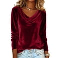 thumbnail image 2 of Velvet T Shirts for Women Dressy Casual Long Sleeve Shirt Cowl Neck Drape Ruched Front Blouses Solid Color Tops, 2 of 7