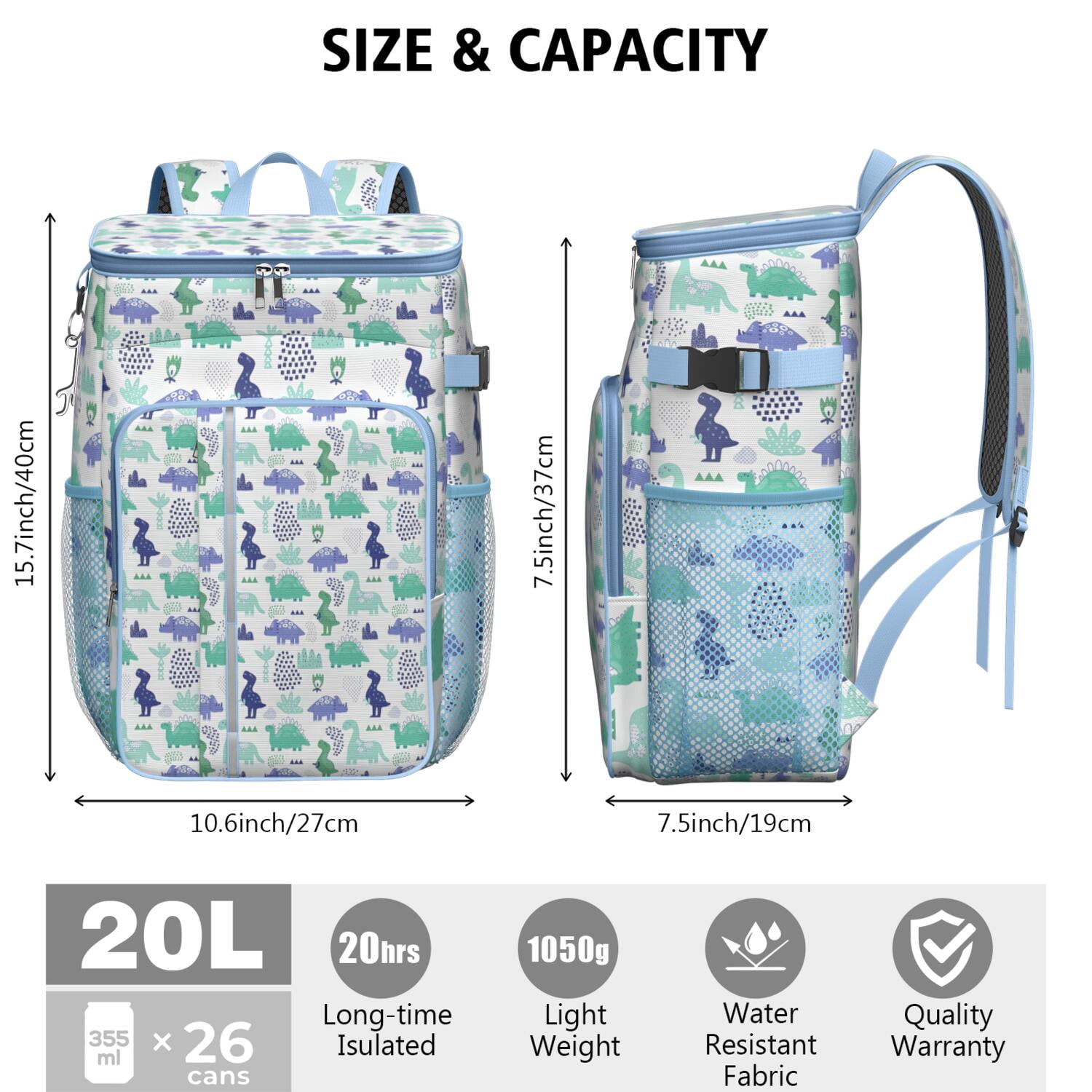 Travel Cooler Bag - Blue Green Dinosaurs Geometric Pattern Camping Beer Cooler Backpack with Bottle Opener- Waterproof Insulated Picnic Backpacks - Cooler Bag for Beach